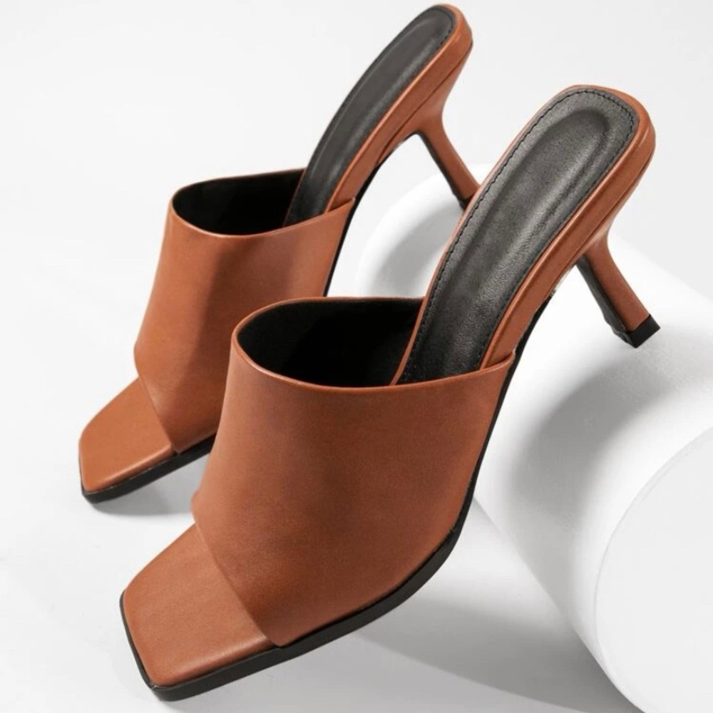 NEW!!! Faux Leather Open-Toe Heeled Mules